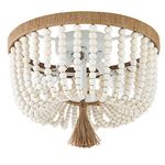 VILUXY Bohemia Wood Beaded Flush Mount Ceiling Light Antique Rustic Mini Chandelier White Finishing for Bedroom, Kitchen Island, Gril Room 3-Light