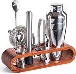 Mixology Cocktail Shaker Set - 10-Piece Cocktail Making Set - Home Bartender Kit in Mahogany Stand with Spoon, Boston Shaker, Other Tools for Drink Mixing, Martini, Mocktail - Gift Set (Silver)