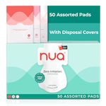 Nua Complete Comfort Sanitary Pads for Sensitive Skin | Pack of 50 Pads (12 Heavy Flow, 20 Medium Flow, 18 Light Flow) with Disposal covers | Zero Irritation | Comfortable All-Day Protection | Ultra-Thin | Super Absorbent | No rashes | 50% Wider Back | 100% Toxic-Free, Dermatologically Tested
