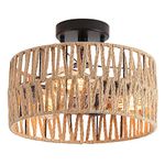 3-Light Coastal Woven Flush Mount Ceiling Light Fixture Rustic Industrial Hemp Rope Drum Semi Flush Mount Ceiling Light for Hallway Bedroom Entryway Farmhouse Living Room, Black