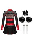 Miaeowve 4 Pcs Girl Cheerleading Uniform Dress Cheer Leader Costume Cosplay Outfits for Kids Halloween Carnival Dress up Red&White 11-12 Years