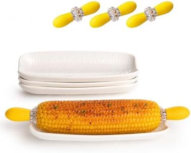 Dafuceramic Porcelain 8.8" Corn Dishes Set of 4 White Embossed Corn Design Dishes with 4 Sets Stainless Steel Corn Cob Holders for BBQ, Picnics, and Family Meals, Microwave Dishwasher Oven Safe