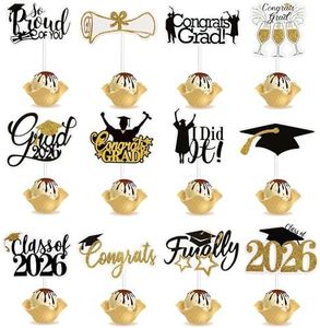 Graduation Cupcake Toppers 2026-72Pcs Congrats Grad Dessert Decorating Kit, Black Gold Glitter Assorted Design Paper Cake Toppers for Class of 2026 Graduation Themed Parties Decorations Supplies