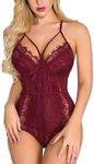 Aranmei Lingerie for Women Eyelash Lace Strappy Sexy Teddy Babydoll Lingerie with Snap Crotch, Wine Red, XX-Large