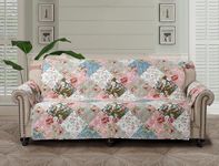 Brilliant Sunshine Peach and Olive Flowers Patchwork Couch Cover, Quilted X-Large Sofa Slipcover, 78" Seat Width, Slip Resistant Furniture Protector, 2" Strap, Washable, for Pets, Kids, Peach Olive