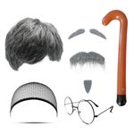 MIVAIUN 8 Pcs Grandpa Costume Set Man Fancy Dress Grandpa Wig Old Man Wig Grey Fake Beard Eyebrows Wig Cap Glasses Inflatable Walking Stick Grandpa Dress Up Men's Wig Costume for Cosplay Party (Set-B)