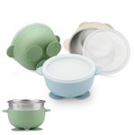 PandaEar 3 Pack Stainless Steel Baby Suction Bowls with Lid, Non-Slip Child Food Bowl with Silicone Sleeve for Kids Toddlers Infants, Unbreakable & Mess Free (Blue Green Brown)