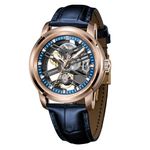 OBLVLO Luxury Brand Hollow-Out Mechanical Watches Skeleton Rose Gold Artificial Sapphire Leather Automatic Wristwatch KM-S, KM-S-PLL, Fashion