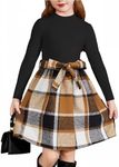 Arshiner Girls Dresses Long Sleeve Rib Knit Plaid Patchwork Belted Dress with Pockets Black/Brown Plaid Toddler 6