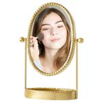 HuiDao Vintage Desk Makeup Mirror with Tray, Metal Antique Decorative Vanity Mirror with Stand, 360°Swivel Retro Desktop Dressing Mirror Countertop, Bedroom, Bathroom, Living Room, Gold