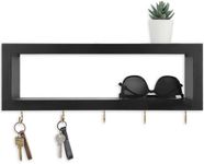 Lwenki Wall Shelf with Hooks - Decorative Key and Wallet Holder for Wall Holds Sunglasses, Leashes, Scarves and Lanyards - 15.7" x 5.1" x 2.9" Entryway Organizer Made of Paulownia Wood (Black)