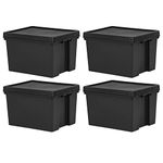 (Set of 4) 45L Black Bam Box Recycled Heavy Duty Plastic Storage Box with Secure Lid Stackable/Nestable Containers Organizing Basket Great For Home Garage & Office Storage Solution (45 Litre)