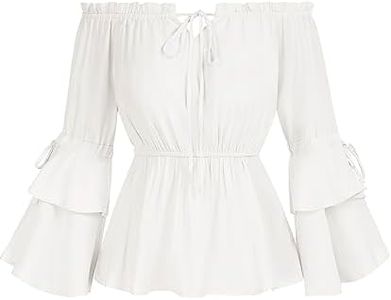 Scarlet Darkness Renaissance Peasant Blouses for Women Peplum Tops Bell Sleeve Dressy Casual Shirts, White, X-Large