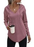 RIROW 2023 Womens Hoodie Pullover Long Sleeve Tops Waffle Knit Ladies Sweatshirts Pocket Ash Rose L