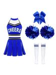 Aiihoo Kids Girls Cheer Leader Halloween Party Outfit Cheerleading Crop Top with Pleated Skirt Pom Pom Socks Headwear Set A Blue 9-10 Years