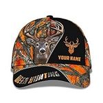 Unisex Custom Text Baseball Hat 3D Wildlife Hunter Love Hunting Deer Duck in Nature Cap with Adjustable Brim for Mens Womens, Deer Hunting in Forest with Orange Background 3D Baseball Hat, One Size