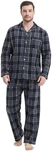 CHUNG Men Flannel Pajamas Set 100% Cotton Brushed Pjs Classic Plaid Long Sleeve Tops Pants Warm Sleepwear loungewear, Grey Black, Medium