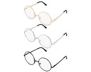 Fake Round Glasses Set of 3 Metal Frame Clear Lens Eyeglasses(costume only, NOT for Prescription, lenses cannot be replaced)