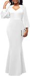 HugeNice Colorful Maxi Dresses for Women Sexy Long Sleeve Deep V Neck Bodycon Floor Length Dress, 538white, XL