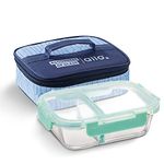 Allo FoodSafe Compartment Glass Lunch Box with Break Free Lock, Oven & Microwave Safe, Borosilicate Glass Container with Partition Divider, Office Tiffin with Space Blue Bag, 580ml, Rectangle