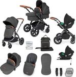 Ickle Bubba Stomp Luxe 12pc Travel System with i-Size Cirrus Car Seat & ISOFIX Base – All-Terrain Pram, Reversible Seat, Carrycot, UPF 50+ Hood, Rain Cover & Accessories (Black/Charcoal Grey/Tan)