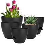 QRRICA Plant Pots 10/9/8/7.5/7 Inch Self Watering Pots, Set of 5 Plastic Planters with Drainage Holes and Saucers,Plastic Flower Pots,Nursery Planting Pot for Indoor Out Door Plants(Black)