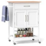 TANGZON Kitchen Island on Wheels, Rolling Kitchen Trolley with 2-Door Cabinet, Drawer, Open Shelf, Rubber Wood Top & Towel Rack, Utility Serving Trolley Cart for Home Bar Dinning Living Room (White)