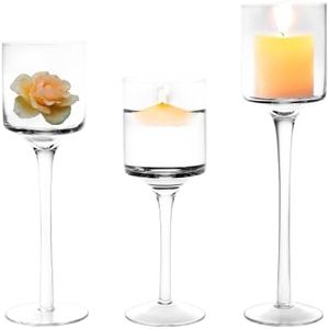 Tea Light Candle Holder Hurricane Candle Holder Transparent Glass Candlestick High Foot Long Handle Small Tea Light Holder Votive Hurricane Elegant Ideal Dining Wedding Party Gift Set
