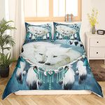 Loussiesd Feather Duvet Cover Set Double Size Animal Wolf Feather Dream Catcher Print Bedding Set Decorative Galaxy Comforter Cover with 2 Pillow Shams 3D Print Soft Microfiber Bedspread Cover Zipper