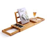 Utoplike Bathtub Caddy Tray, Bamboo Bath tub Tray with Adjustable Arms, Bath Table Holds, Bthtub Trays, Bathroom Trays for Books/Tablets/Cell Phone/Towels/Foods (Natural Bamboo)