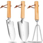 Grenebo Gardening Tools, 3-Piece Heavy Duty Garden Hand Tools Set with Wood Handle,Garden Shovel Garden Rake Garden Trowel,Rust-Proof Garden Kit, Ideal Gardening Gifts for Women