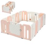 GYMAX 10/14/16 Panels Baby Playpen, Foldable Baby Play Yard Infant Fence with Game Board, Portable Toddler Activity Center for Indoor Outdoor (153 x 186 x 64cm, Pink)