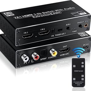 HDMI Switch Audio Extractor, HDMI Switch Splitter, 2 inputs, 1 Output with Remote 4K@60hz, 2-Port HDMI2.0b Switch Box with Optical Toslink SPDIF+coaxial+Analog RCA Stereo Audio Output