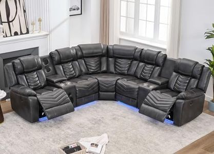 Comfort Stretch Power Recliner Sectional Sofa Couches with Bass Speakers for Living Room, Leather Reclining Corner Sectionals Sofa Couch Sets with LED Light, Electric Theater Recliners for Home, Grey