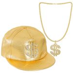 Bskifnn Hip Hop Costume Hat Kit 80s 90s Gold Hat with Dollar Sign Necklace Rapper Costume for Men and Women