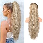 REECHO Ponytail Extension, 26" Long Beach Wave Drawstring Pony Hair Extension Synthetic Pony Tail Hairpiece for Women - Ash Blonde with Highlights