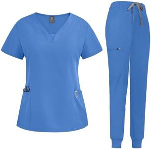 niaahinn Scrub Suit Set for Women Modern V-neck Top & Tapered Leg Jogger Pants with Drawstring Medical Nursing Uniforms Set (Ceil, XS)