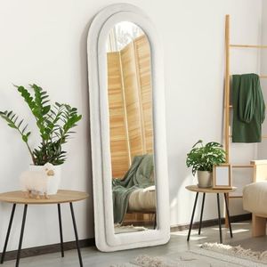 OIKITURE Full Length Mirror with Non-Slip Lower Edge, Dressing Floor Mirror 4MM Thick Shatterproof Copper-Free Glass, Boucle Fabric Frame, for Entryway Bathroom Living Room, 160x60CM