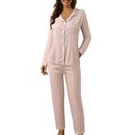 Women Casual Lapel Button Pajamas Suits Plaid Printing Two Piece Long Sleeve Pajamas Open Front Comfort Sleepwear with Long Trousers