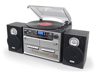 Steepletone BT-SMC386r PRO, 8 in 1 Bluetooth Retro Nostalgic Music System (Stereo Speakers), Remote Control, 3 Speed Record Player, CD Player, FM/MW Radio, TWIN Cassette, SD/USB RECORDING - Silver