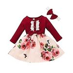 SHOBDW 2 Pcs Girls Dresses Toddler Kid Baby Girls Ribbed Ruffled Bow Splice Floral Party Princess Dress Floral Dresses Headband Outfit Clothes Set Wine