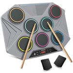 Electronic Tabletop Drum Set, Portable Digital Drum Kit 7 Velocity Sensitivity Drum Pads, LED Music Level Light, USB-MIDI Mac & PC Support, Ideal Gift for Adult and Beginners