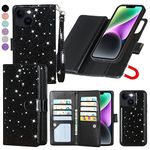 Varikke Compatible with iPhone 14 Case, 2-in-1 Wallet Case with Card Holder, Detachable Magnetic Phone Case with Kickstand, Glitter PU Leather Wrist Strap Cases 6.1 inches, Black