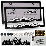 ZXFOOG Mountain License Plate Frames- Plastic Black Car Tag Holder Bracket with Screws Caps, 2 Packs 2 Hole, White on Black, Mountain Vinyl Sticker Included