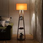 Max Light Shade Floor Lamp in Solid Wood & Natural Wood with Shelf Blue Shade for Living Room,Bedrooms, Colour (Yellow)