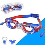 Swimming Goggles Kids 3-14 Years Old, Crystal Clear Wide Vision Toddler Goggles Set with Anti-Fog, Waterproof, UV Protection, Kids Swim Goggles for Student Children Girls Boys (Blue with Red)