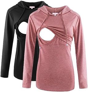 Bhome Nursing Shirt Long Sleeves Hoodie Breastfeeding Top Sweatshirt Black/Rose Pink XL