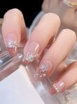 Secret Lives Artificial Pinkish Wine color with 3D White Flowers Pearl and glitter Fake False Press On Nails 24 pieces with Kit