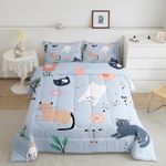 Cute Cat Comforter Set Queen Size,Watercolor Flower Leaves Plants Bedding Set for Kids Girls Boys Teens Bedroom Decor,Kawaii Pet Animals Quilt Set Cartoon Purple Duvet Insert,2 Pillowcases