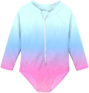 uideazone Little Girls Rash Guard Swimwear UV 50 Long Sleeve Pink Blue Gradient Swimsuit One Piece Swimming Costume Summer Beach Zipper Bathing Suits 8-9 Years